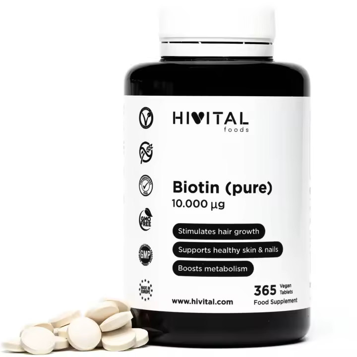 Biotina 10.000 mcg (Vitamina B7)  365 comprimidos (Suministro anual). Hivital - 1