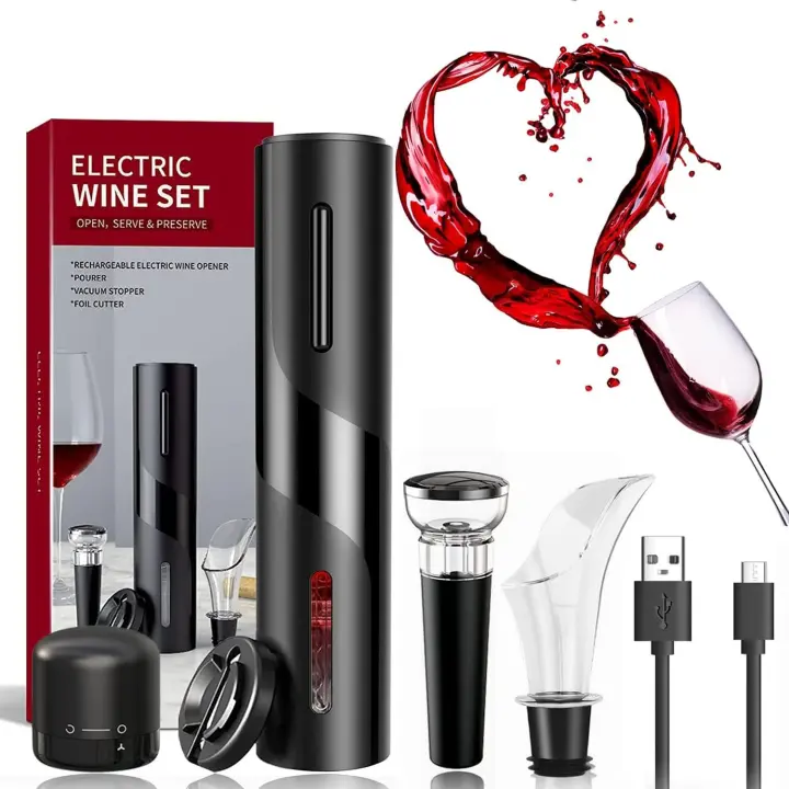 Sacacorchos eléctrico usb 6 en 1, abridor de botellas de vino, abrebotellas inalámbrico, juego con cortador de papel y tapón de vacío y cable de carga USB - 1