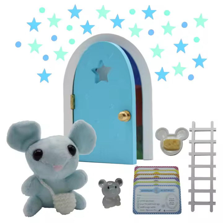 Qué Kawaii® Peluche Ratoncito Pérez (10 Cm) con Puerta que Brilla en la Oscuridad y Se Abre!!, Escalera y Bandolera de Crochet (Hecha a Mano) - 1