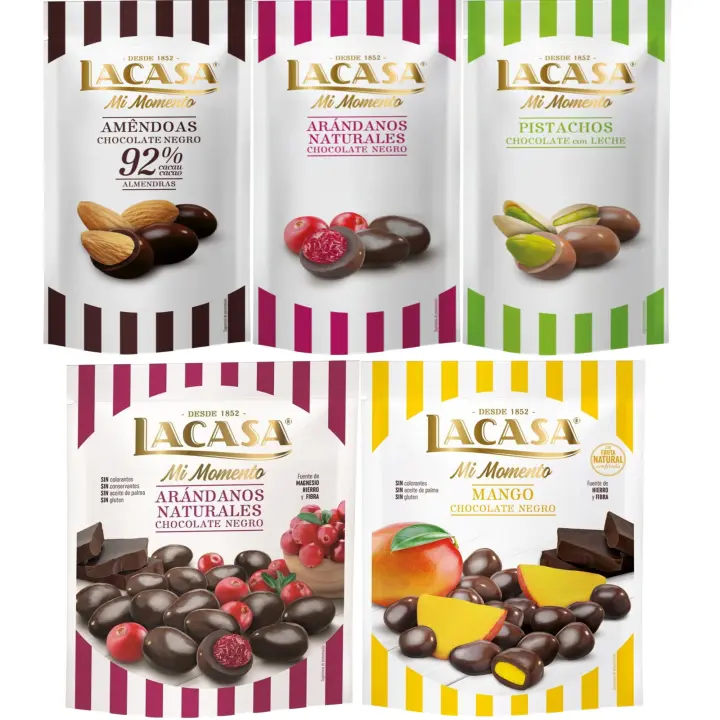 Lacasa Mi Momento pack de 5:Arándano  Negro 60 G,Pistacho  Leche 50 G,Almendra 92% 65 GArándano  Negro 125 G,Mango  Negro 115 G - 1