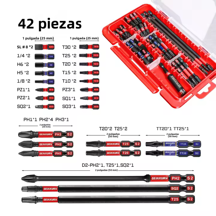 Set De 42 Piezas De Destornilladores De Impacto Geinxurn Con Caja De Almacenamiento Magnética En Acero S2 Incluye PH/TORX/SQ/PZ/HEX/SL - 1
