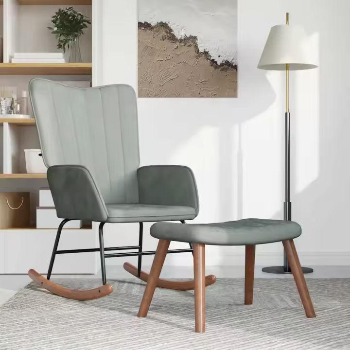 vidaXL Silla mecedora con reposapiés terciopelo gris claro - 1