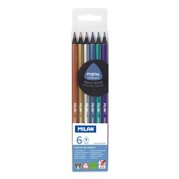 MILAN Caja 6 Lápices de colores Metalizados Triangulares, Madera negra - 1