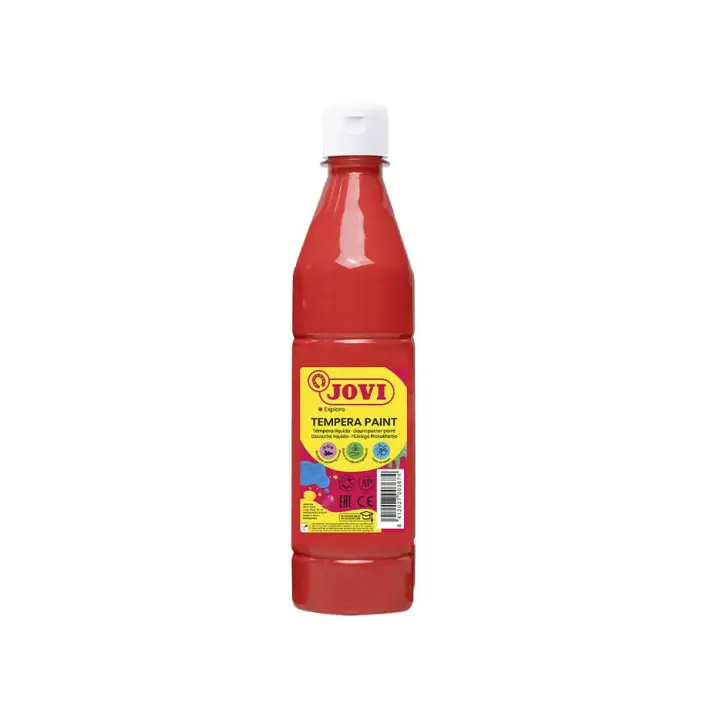 Jovi tempera liquida botella 500ml - base agua - lista para usar - secado rápido - excelente fluidez - adherencia en múltiples superficies - colores disponibles: amarillo, azul cyan, negro, blanco, carne, rojo, verde y naranja - 1