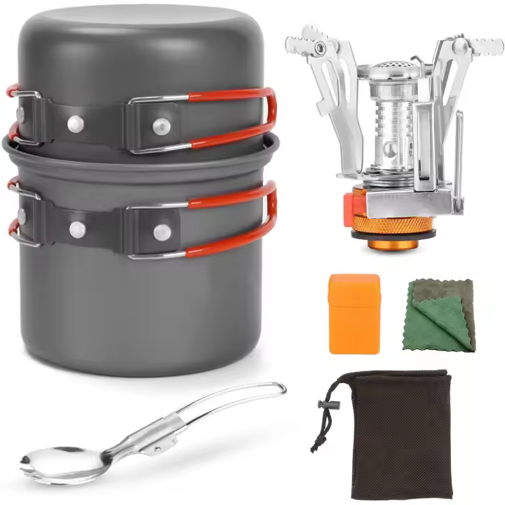 Kit de sartenes para estufa de camping de aluminio duradero y compacto de varias piezas, utensilios de camping completos con estufa de camping ultraligera para senderismo y pesca - 1