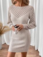 Vestido De Punto Hueco Para Mujer Estilo Primavera Otoño Cuello Redondo Largo De Rodilla Regular Ajuste Acrílico - details 3