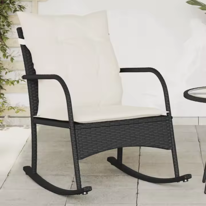 Silla mecedora de jardín con cojines ratán sintético negro - 1