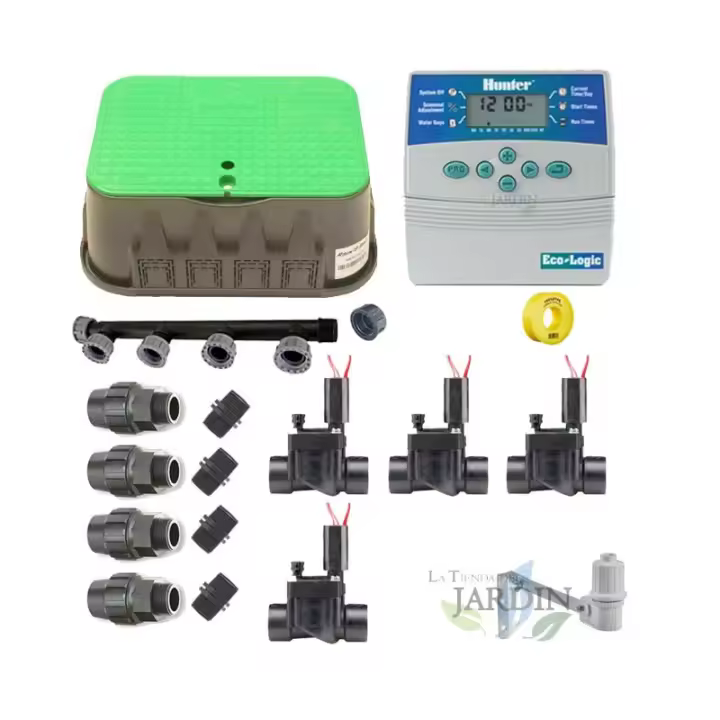 HUNTER Pack RIEGO AUTOMATICO Hunter Irrigation 24V, 4 Zonas de Riego para tuberia de 32mm - 1