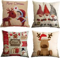 Feliz Navidad 4 Pack Encantador Papá Noel Alce Algodón Lino Throw Pillow Case Funda de Almohada para Cojín 45x45 cm - details 0