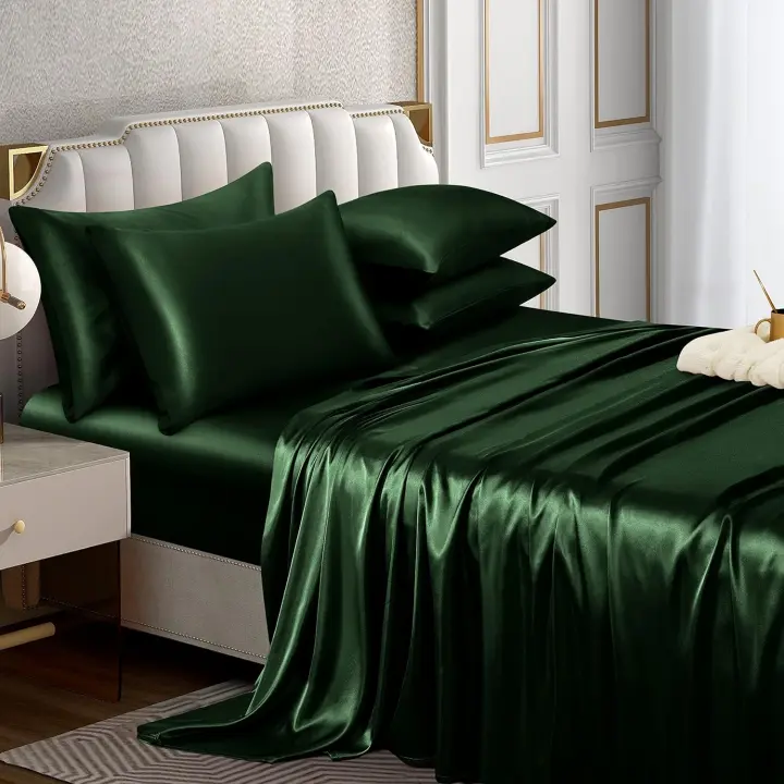 King Juego de sábanas de satélite Verde Esmeralda y sedoso de lujo tamaño King with Bolso profundo de 16 ", 1 sábana ajustable, 1 sábana plane, 4 fundas de almohada - 1