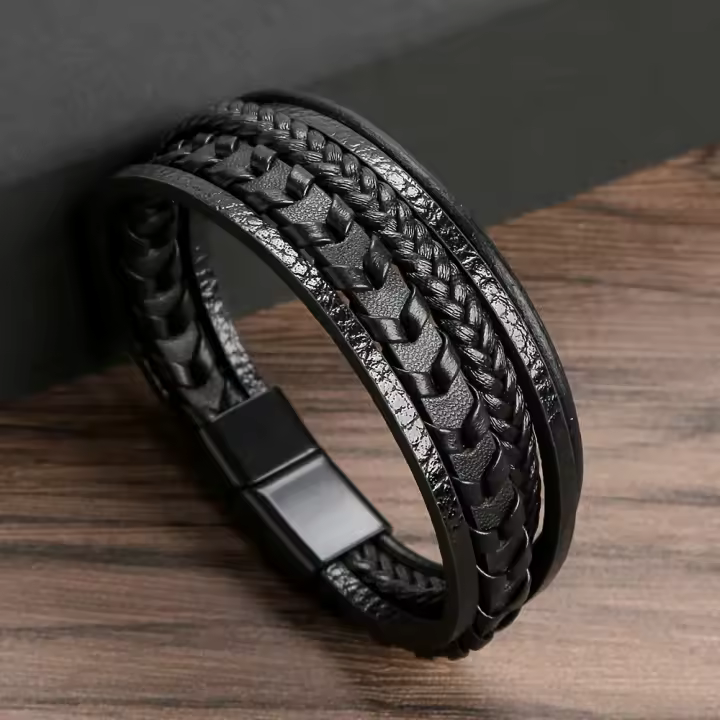 Pulsera de cuerda de cuero tejida a mano con cuerda de cuero envuelta en acero de titanio y joyería de moda, pulsera con hebilla magnética de aleación. - 1