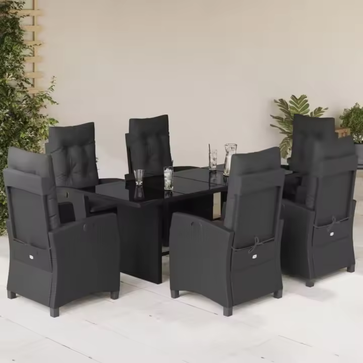 vidaXL Set de comedor de jardín 7 pzas y cojines ratán sintético negro - 1