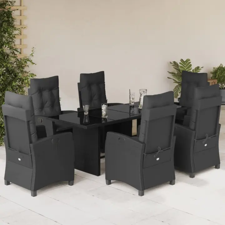 vidaXL Set de comedor de jardín 7 pzas y cojines ratán sintético negro - 1
