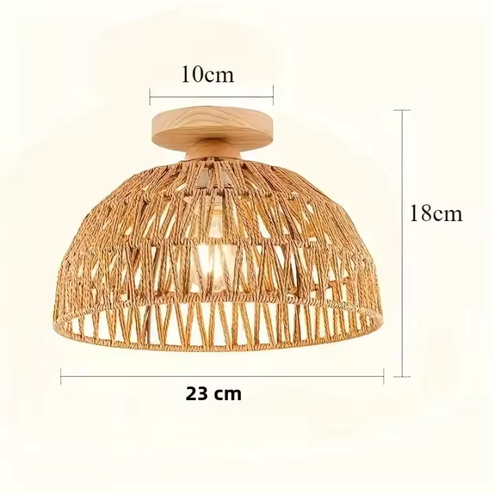 Luz De Techo Bohemia En Rattan Con Diseño De Colgante Handwoven Mid-Century Base De Madera Montaje Plano Luz De Techo Cerrada - 1