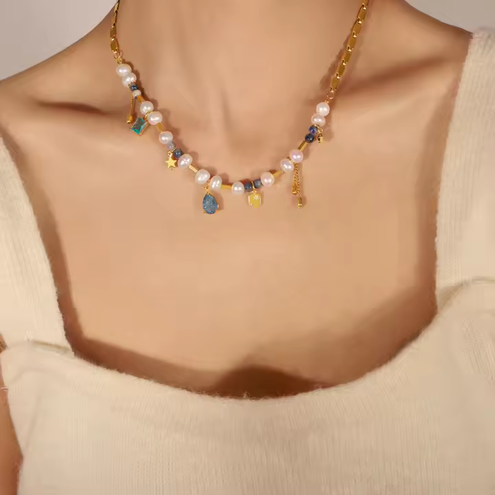 Encanto Collar de perlas de agua dulce Piedra Natural Colgante Titanio Acero Chapado en Oro Señoras Stacking Joyería - 1
