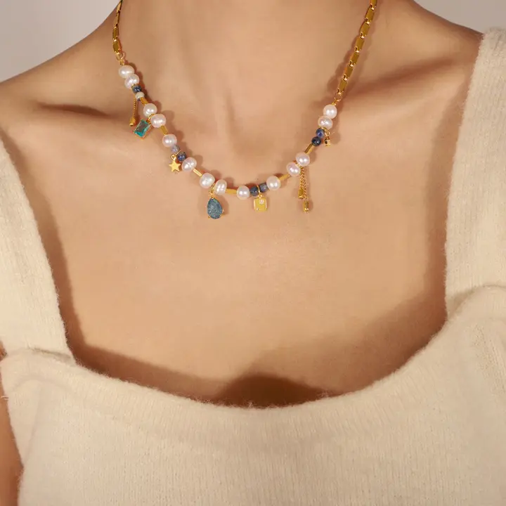 Encanto Collar de perlas de agua dulce Piedra Natural Colgante Titanio Acero Chapado en Oro Señoras Stacking Joyería - 1