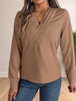Blusa Elegante De Negocios Para Mujer Con Cuello En V Y Mangas Largas Vestido Trabajo Tops Casual De Poliéster Transpirable Para Otoño/Winter - details 3
