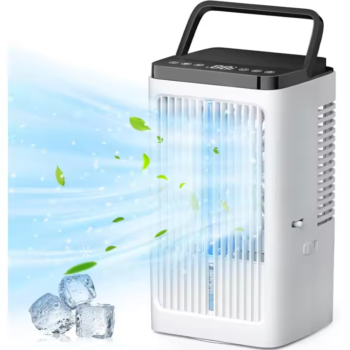 PORCHEDDU Aire Acondicionado Portatil, 4 en 1 Mini Enfriador de Aire with Depósito 1200ml, 4 Velocidades de Ventilador, 2 Modos de Nebulización, Oscilación de 90 °, Colores Luces, Temporizador, para Oficina Hogar - 1