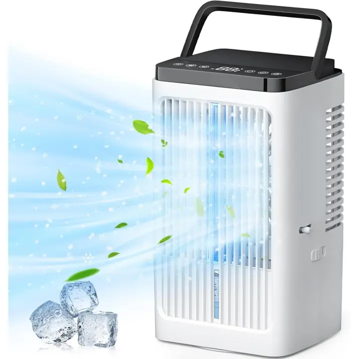 PORCHEDDU Aire Acondicionado Portatil, 4 en 1 Mini Enfriador de Aire with Depósito 1200ml, 4 Velocidades de Ventilador, 2 Modos de Nebulización, Oscilación de 90 °, Colores Luces, Temporizador, para Oficina Hogar - 1