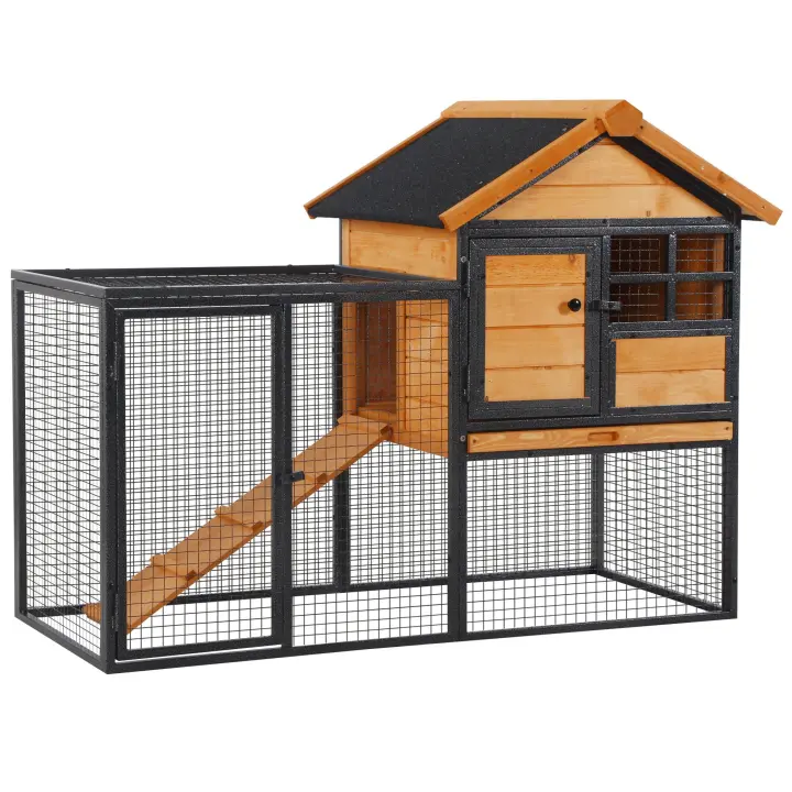 PawHut Conejera de Exterior Jaula para Mascotas Pequeñas 2 Niveles con Rampa Bandeja Extraíble de Madera y Metal 122x63x92 cm para Conejos Cobayas Madera y Gris - 1