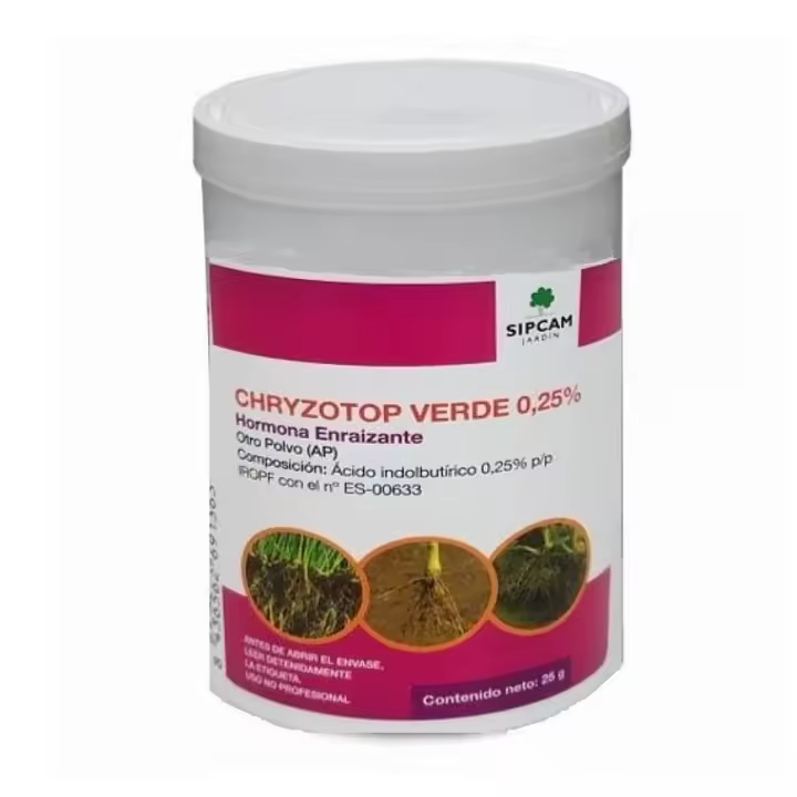Chryzotop Verde 025% hormonas enraizantes 25g - Polvo enraizante que estimula el crecimiento en esquejes y apto para todo tipo de plantas - Sipcam - 1