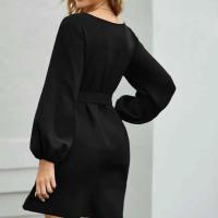 Vestido De Mujer Talla Grande De Chiffon Color Sólido Moda 2021 Manga Farol Suéter Cinturón A-Línea Cuello Redondo Largo Hasta La Rodilla - details 6