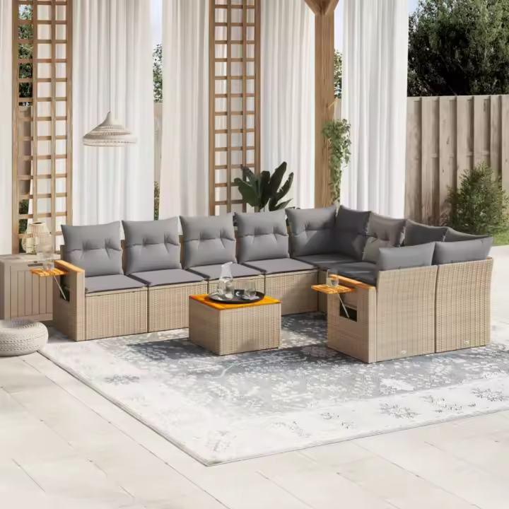 vidaXL Juego de sofás jardín con cojines beige 10 pzas ratán sintético - 1