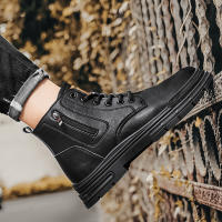 Botas De Cuero Casual Para Hombre Invierno Botas De Trabajo Antideslizantes Alta Top Ankle Biker Zapatos Negros De Diseñador Botines De Tacón Plano Redondos - details 13