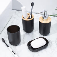 Porta Cepillo De Dientes Negro De Plástico Con Tapa De Bambú Dispensador De Loción Caja De Jabón Accesorios De Baño - details 0