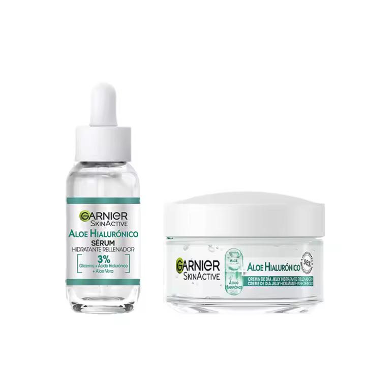 Garnier | Rutina Hidratante de Crema de Día Aloe Hialurónico con Aloe Vera + Ácido Hialurónico. Hidrata intensamente 48h - Nutre y Rellena - 50ml + Sérum Hidratante Rellenador Aloe Hialurónico con 3% Glicerina + Ácido Hialurónico + Aloe Vera -30ml - 1