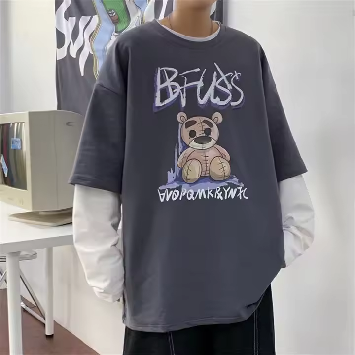 Camiseta De Hombre Con Estampado De Osito Basic Casual Manga Larga Top De Anime Falsa Dos Piezas Camisetas Para La Vida Diaria Verano Polyester Sin Capucha - 1