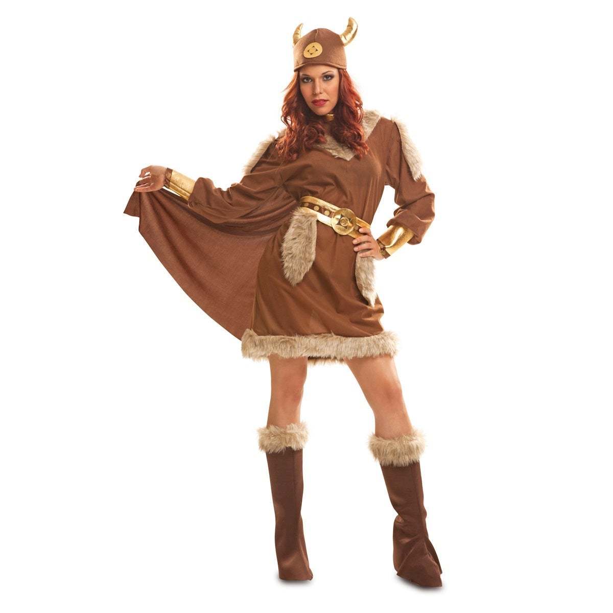 Disfraz de Vikinga para mujer con vestido, capa, cinturón, cubrebotas y casco, talla XXL