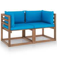 vidaXL Sofá de jardín de palets de 2 plazas con cojines en color Azul claro/Crema/Rojo vino tinto y más | acolchados duraderos para sofás de jardín terraza exterior - details 0
