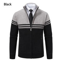Chaqueta De Punto Para Hombre Con Cuello Erguido Y Cremallera Estilo Casual Thicken Fleece Caliente Suéter Con Patrón Rayado Abrigo De Invierno - details 1