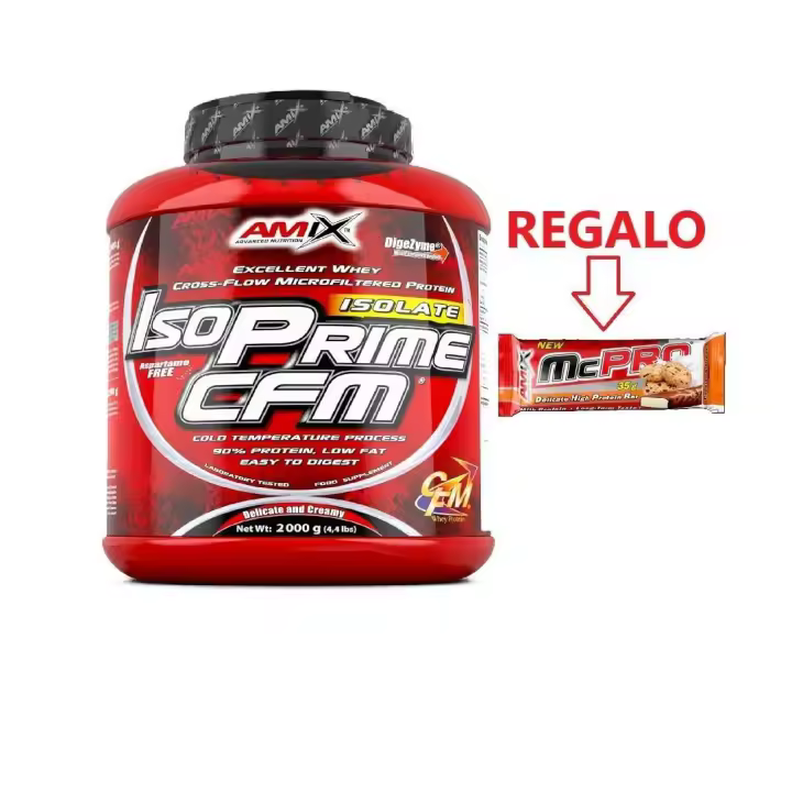 Amix Nutrition ISOPRIME CFM 2Kg SABOR CHOCOLATE + BARRITA PROTEICA REGALO - Proteína Aislada de Suero con 90% de Pureza, Recuperación Muscular, Baja en Grasa y Lactosa, Endulzado con Splenda - 1