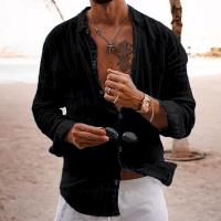Camisa De Verano Para Hombre Casual Ligera De Color Sólido Suéter De Algodón Y Lino Abierta Individual Manga Larga Estilo Playa Vacaciones - details 5