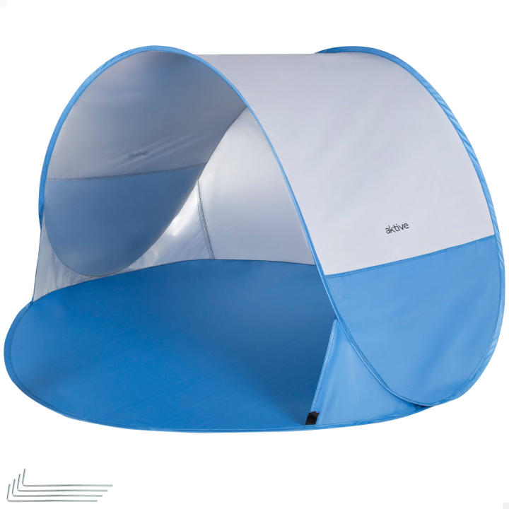 Aktive - Paravientos playa plegable, sistema pop up, color azul, 148x148x90 cm, tejido poliéster, revestimiento interior plateado, protección UV50, 2 varillas fibra de vidrio, incluye 4 piquetas, bolsa transporte, toldo para playa plegable, refugio pesca