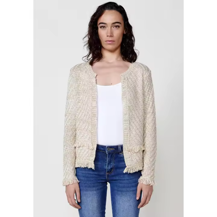 Koroshi - Cárdigan de punto abierto con flecos para mujer en crudo, 100% acrílico suave y ligero, estilo boho para entretiempo - 1