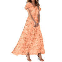 Vestido Largo De Mujer Elegante En Chiffon Floral Con Manga Corta Y Cuello En V A-Line Con Volante Y Cintura Empresarial Para Verano - details 9