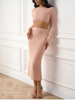 Nuevo Asia Mujer Conjunto De Dos Piezas Rosa Ribbed Tejido Con Top De Manga Larga Y Falda Maxi Espalda Descubierta Estilo Elegante Para Fiesta Y Club - details 3