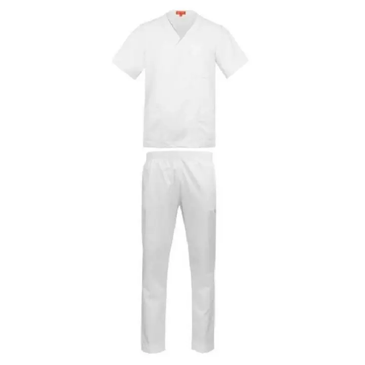 Conjunto sanitario casaca cuello pico y pantalón con goma unisex tejido sarga poliéster/algodón blanco - 1