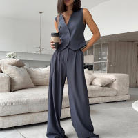 Conjunto de mujer, traje de señora para primavera y verano, chaleco sin mangas con cuello en V, pantalones wide-leg de corte relajado y caída fluida, conjunto casual. - details 7