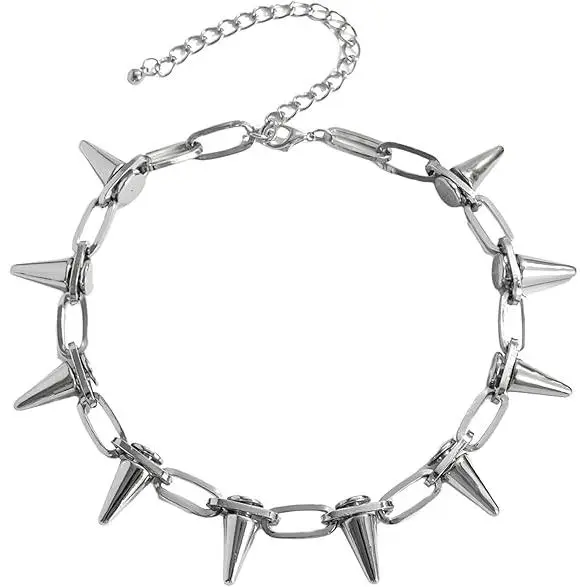 Collar gótico para mujer, de metal y plata con pinchos, estilo punk rock, remaches exagerados, cadena de remaches de hip-hop retro Y2k personalizada, joyería decorativa - 1