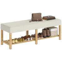 HOMCOM Banco Zapatero, Banco Recibidor Moderno, con Asiento Acolchado para 2 Personas, Estante Abierto, Marco de Madera, para Entrada, Pasillo, Salón, 140x44x48 cm, Crema y Madera Natural - details 0