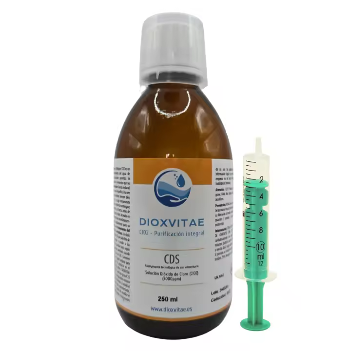 Dioxvitae® Dióxido de Cloro 3.000 ppm | 250 ml. | CDS al 0,3% | Fabricado y Registrado en España | Botella Vidrio Ámbar + Jeringilla + Vaso Dosificador + Tapon con Gotero y Precinto de Seguridad. - 1