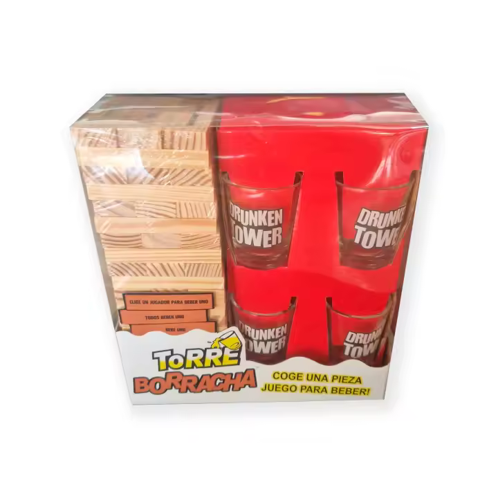 Torre Borracha - Drunken Tower. Juego de Bebida y Fiesta, Incluye 4 Vasos chupito y Frases (versión español) - 1