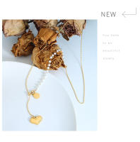 Encanto Cadena de clavícula de acero de titanio con forma de corazón de amor retro, collar con borlas galvanizadas en oro de 18 quilates, colgante redondo de perla de imitación, joyería - details 11