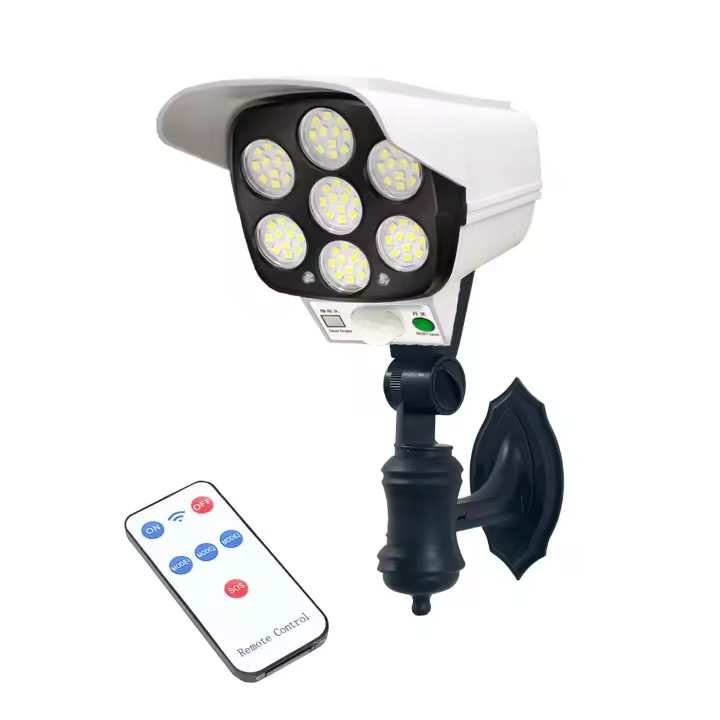 Luz Solar 77LEDs con Sensor de Movimiento para Prevenir Robos y Ahuyentar Ladrones. Diseño Realista de Cámara de Segurdad con 3 Modos de Uso y Control Remoto. Iluminación de exteriores de alta calidad. - 1