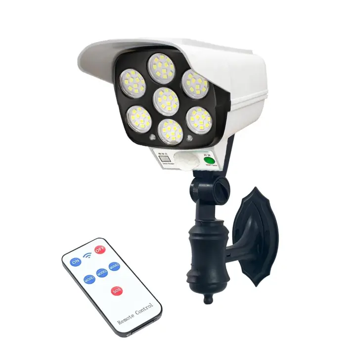 Luz Solar 77LEDs con Sensor de Movimiento para Prevenir Robos y Ahuyentar Ladrones. Diseño Realista de Cámara de Segurdad con 3 Modos de Uso y Control Remoto. Iluminación de exteriores de alta calidad. - 1