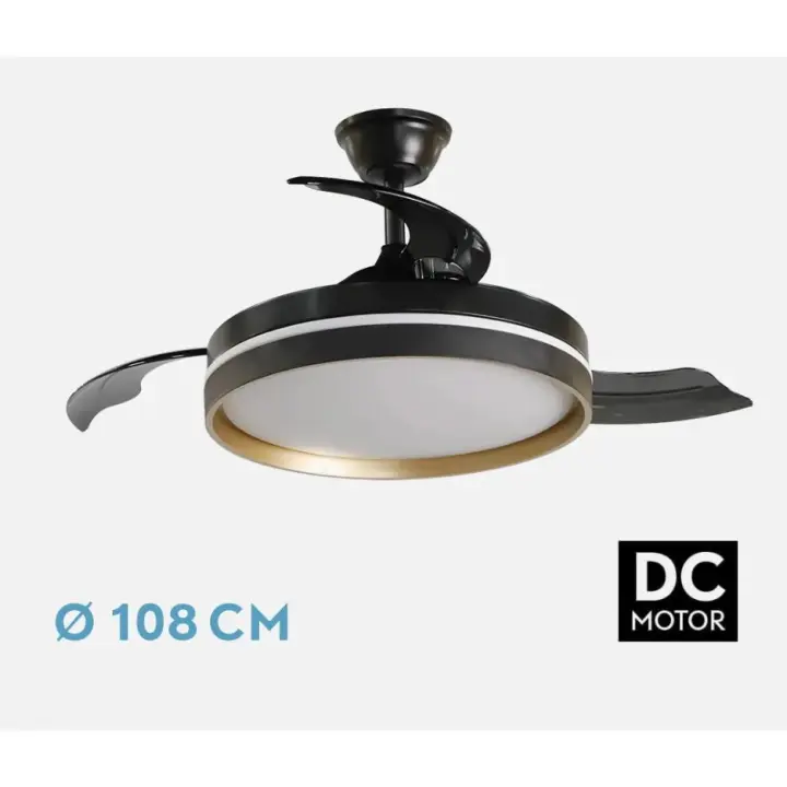 FABRILAMP Ventilador PREMIUM Mandarin 72w 3aspas 48/108D Motor DC Regulable Dimmable intensidad 7200lm 3000-4000-6500k Remoto+memoria+temporizador,6velocidades,Control de aire verano o invierno Incluye 2 tijas y mandos COLOR BLANCO,NEGRO/MADERA Y PLATA - 1